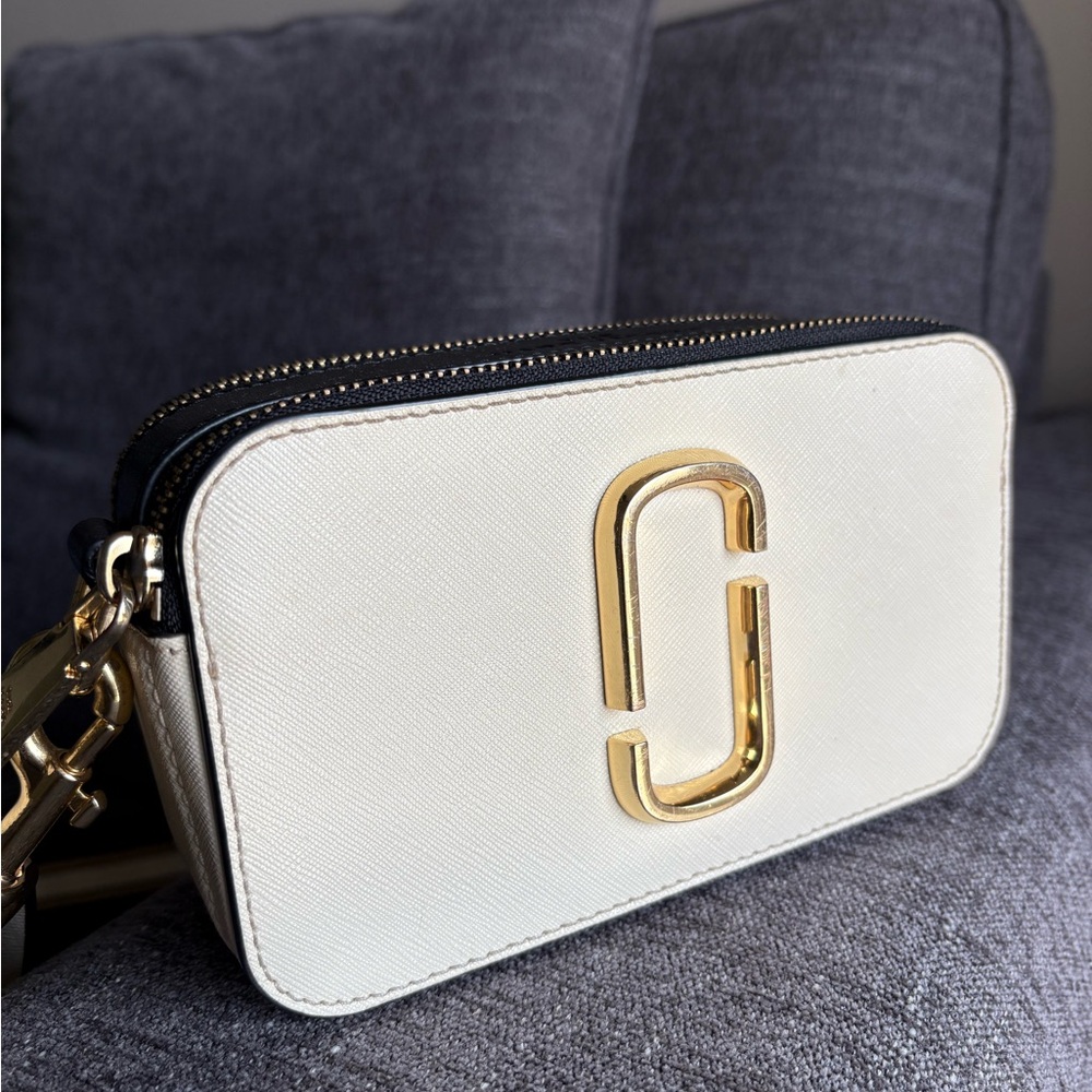 Marc Jacobs Cream Snapshot Crossbody Bag with Gold Accents